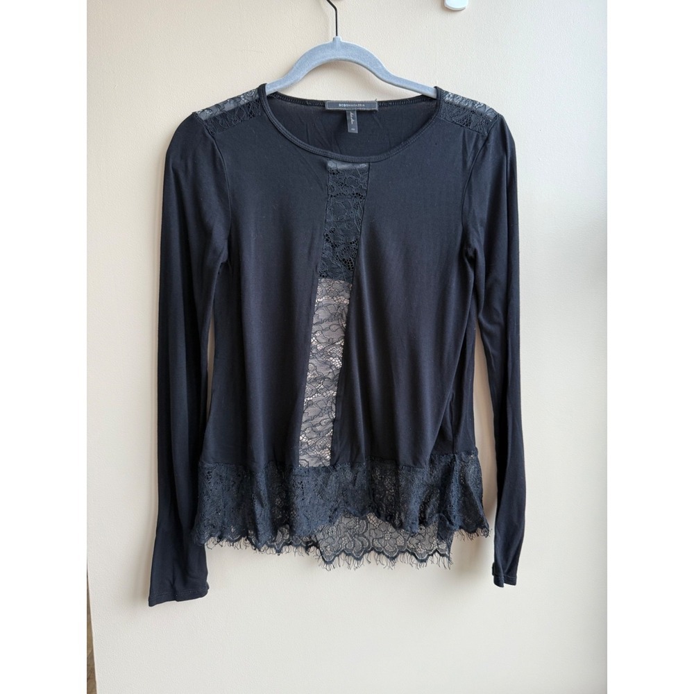 BCBGMAXAZRIA Size XS Black Lace Trim 100% Rayon Tunic Top $138